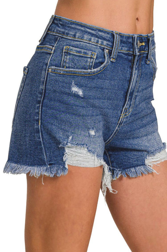 Distressed Hem Dark Denim Shorts