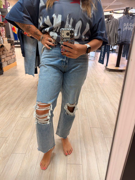 High Rise Distressed Hem Crop Jeans