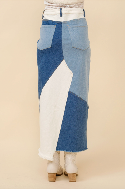 Patchwork Denim Maxi Skirt