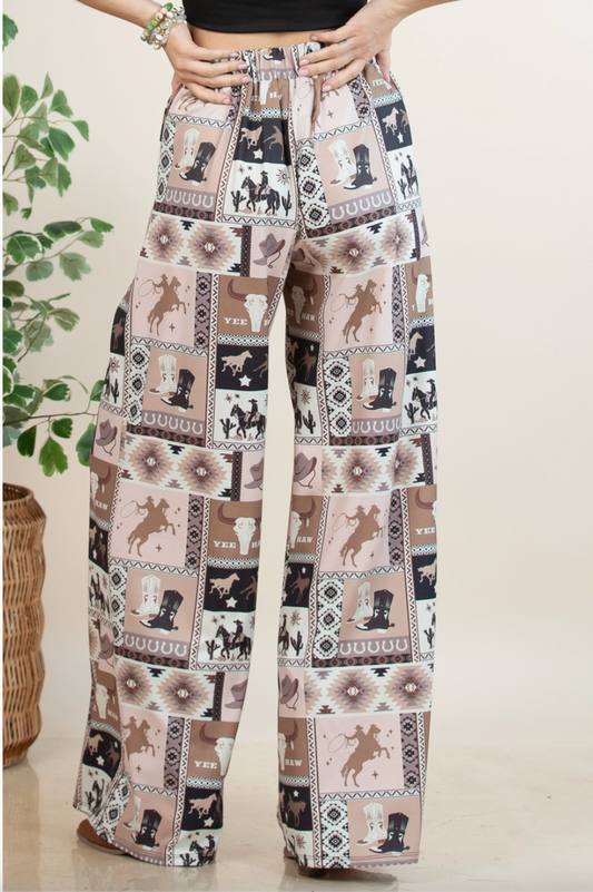 Western Collage Print Slack Pants