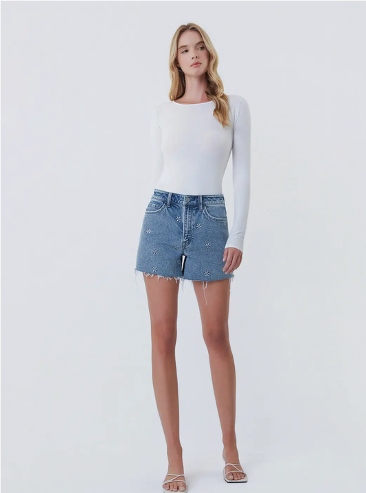 Embroidered Floral Denim Shorts