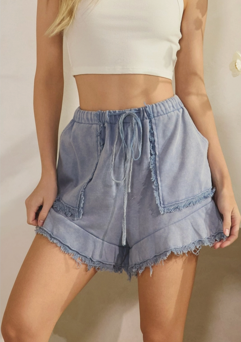Blue Washed Fray Shorts