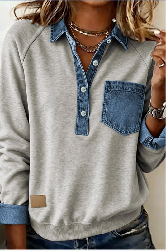 Denim Collar Long Sleeve Top
