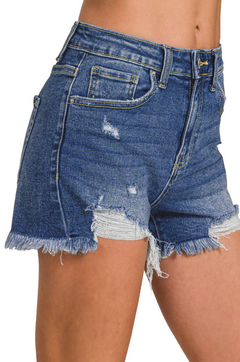 Distressed Hem Dark Denim Shorts
