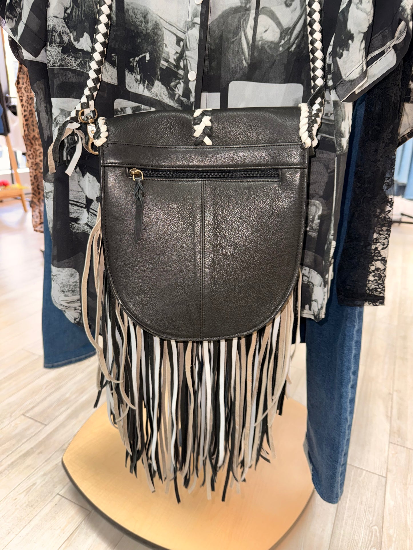 Leather & Fringe Black Crossbody Purse