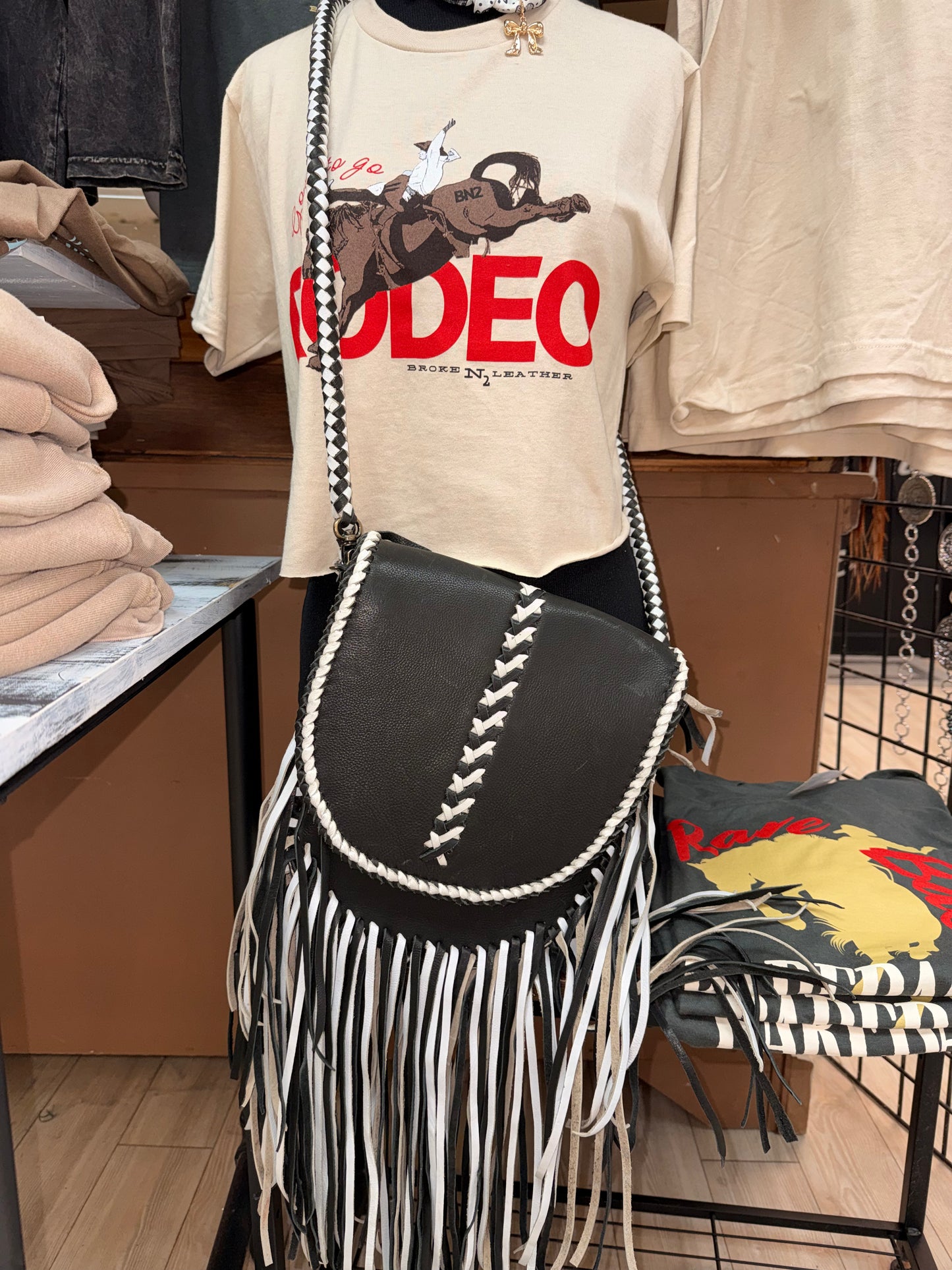 Leather & Fringe Black Crossbody Purse