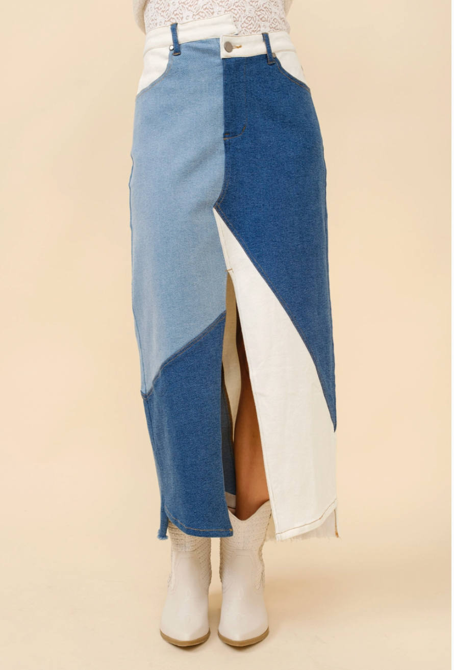 Patchwork Denim Maxi Skirt
