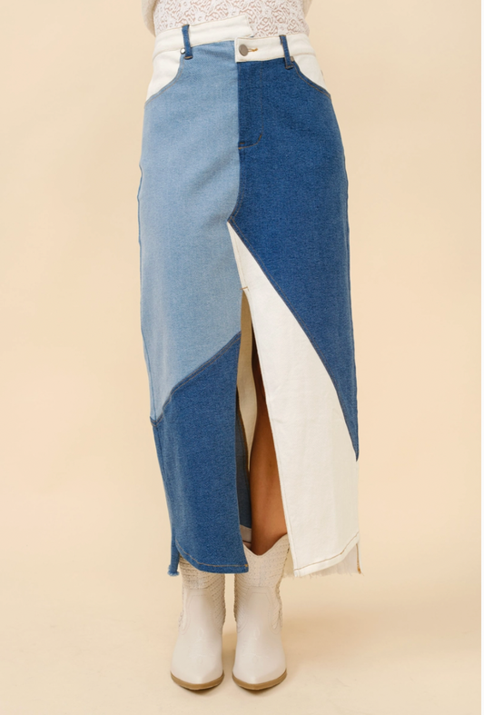 Patchwork Denim Maxi Skirt