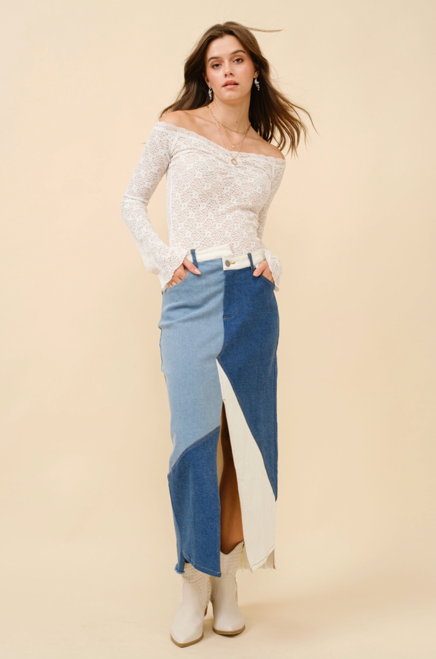 Patchwork Denim Maxi Skirt