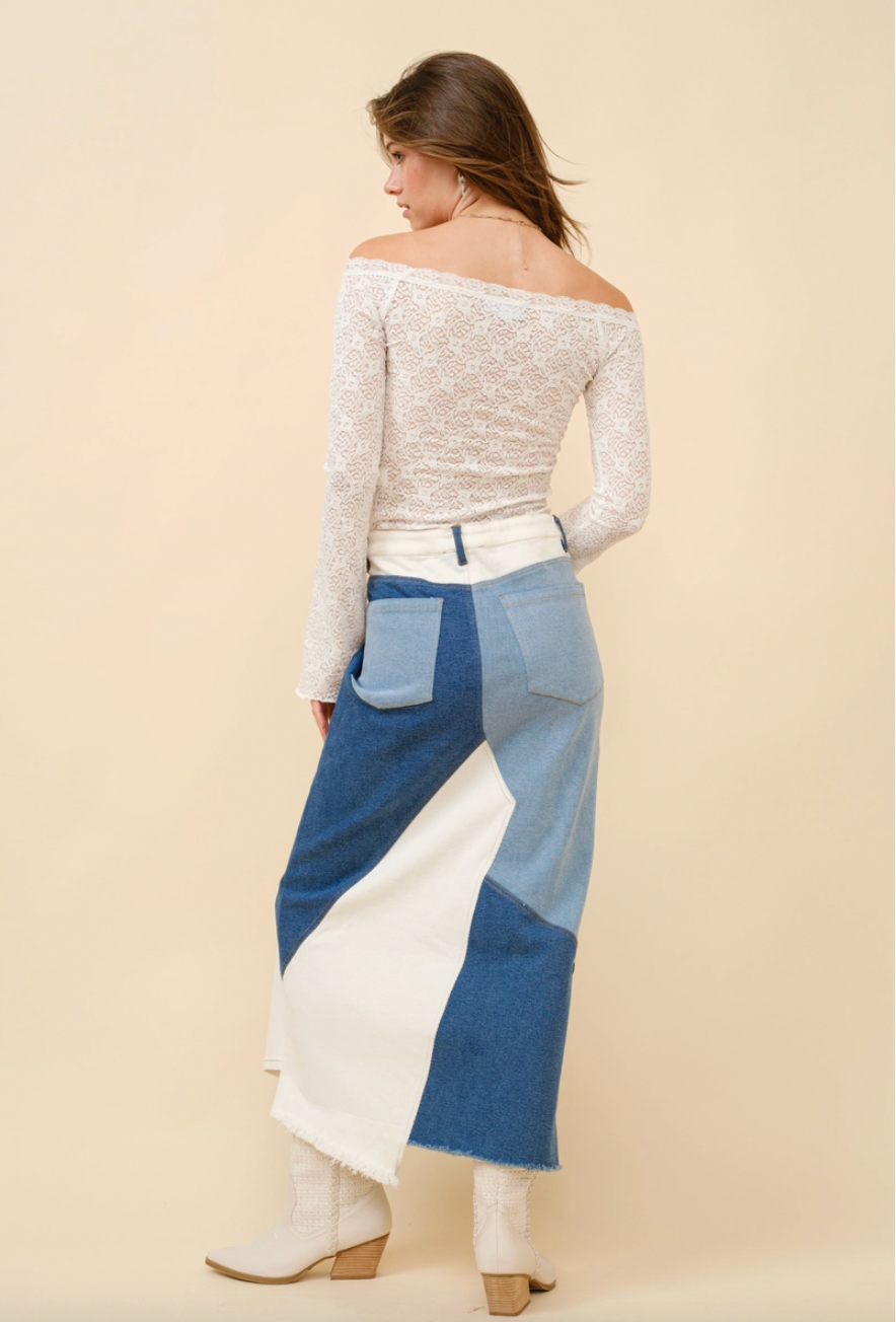 Patchwork Denim Maxi Skirt