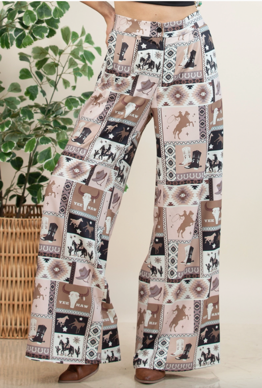 Western Collage Print Slack Pants