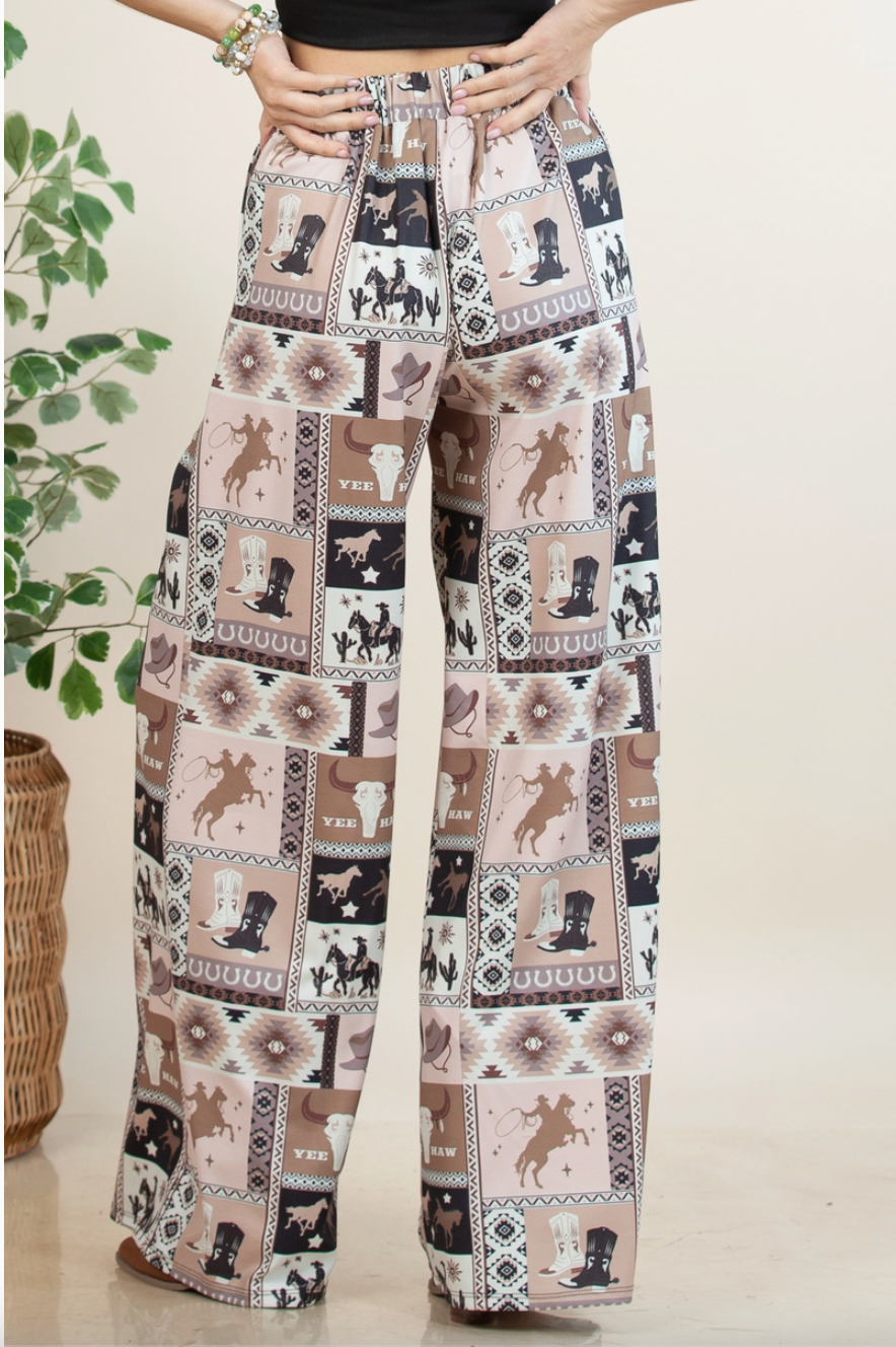 Western Collage Print Slack Pants