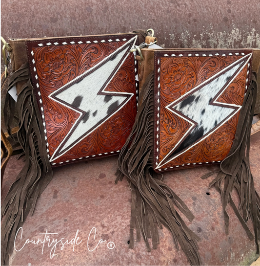 Tooled Leather Lightening Bolt Fringe Purse