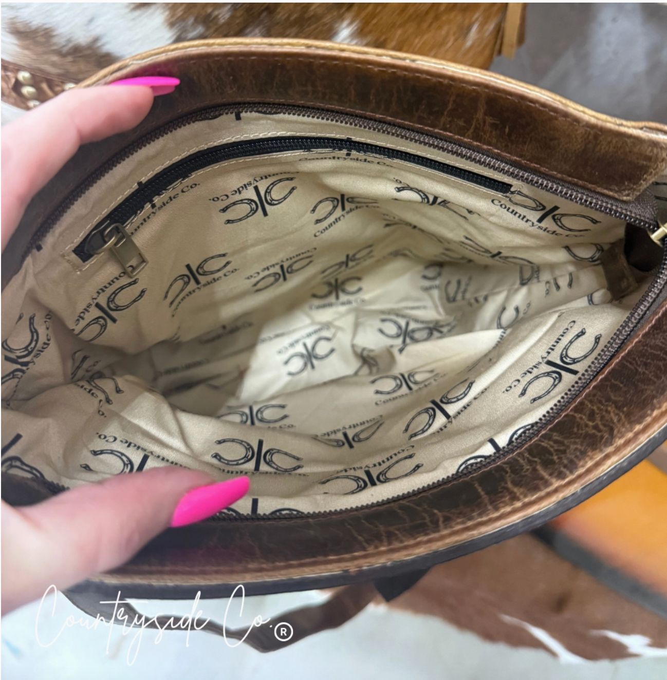 Tooled Leather Lightening Bolt Fringe Purse