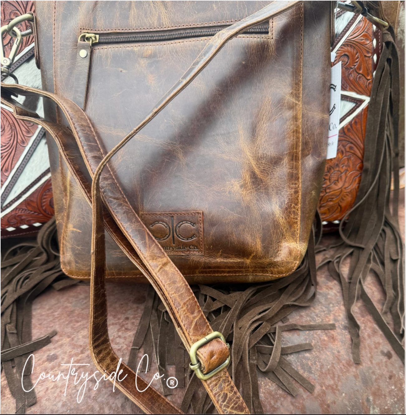 Tooled Leather Lightening Bolt Fringe Purse