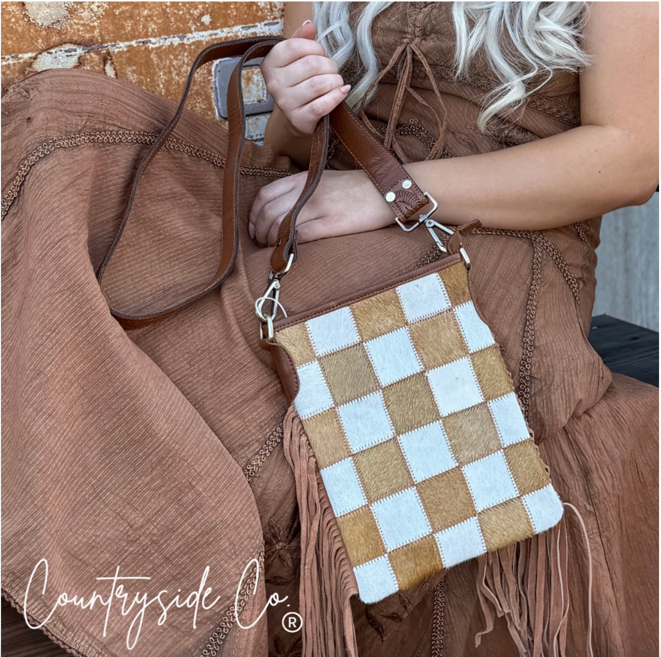 Brown Cowhide Checker Purse