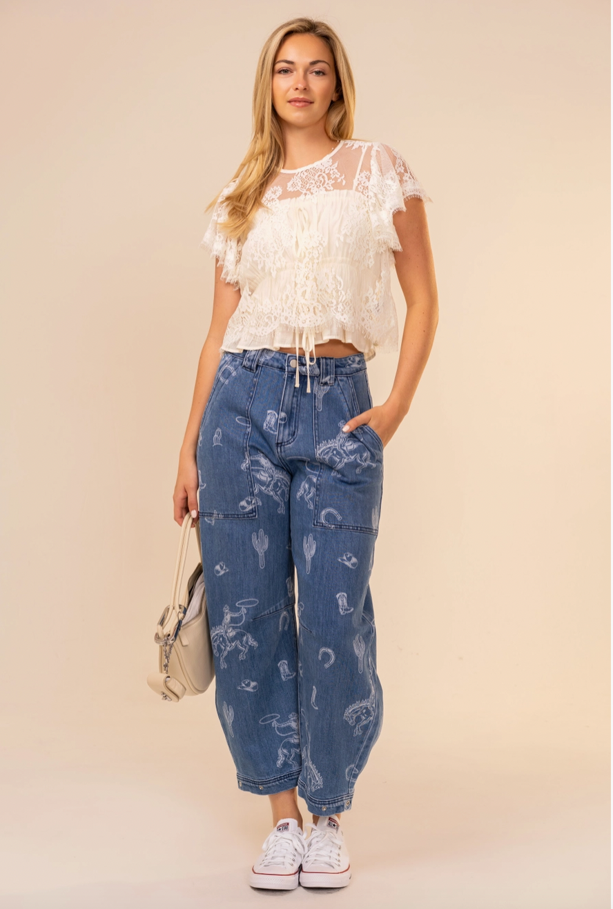 Western Print Barrel Leg Denim