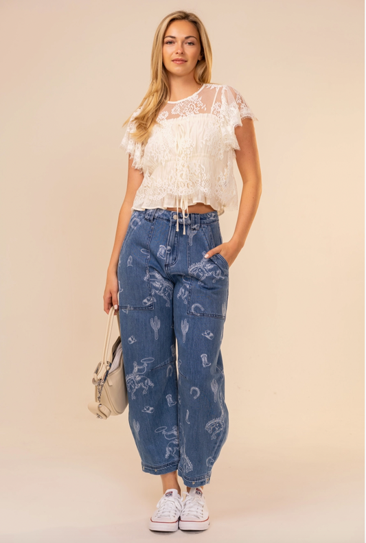 Western Print Barrel Leg Denim