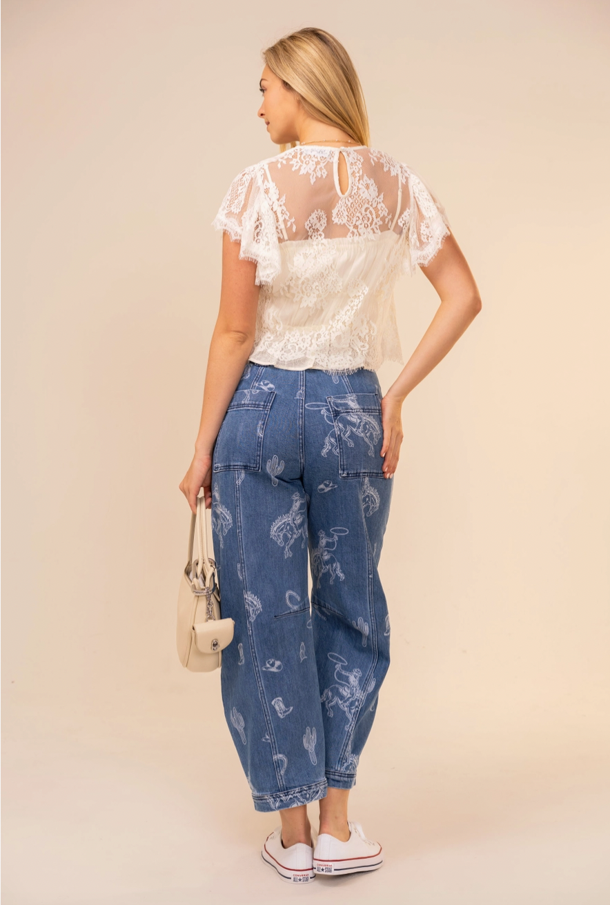 Western Print Barrel Leg Denim