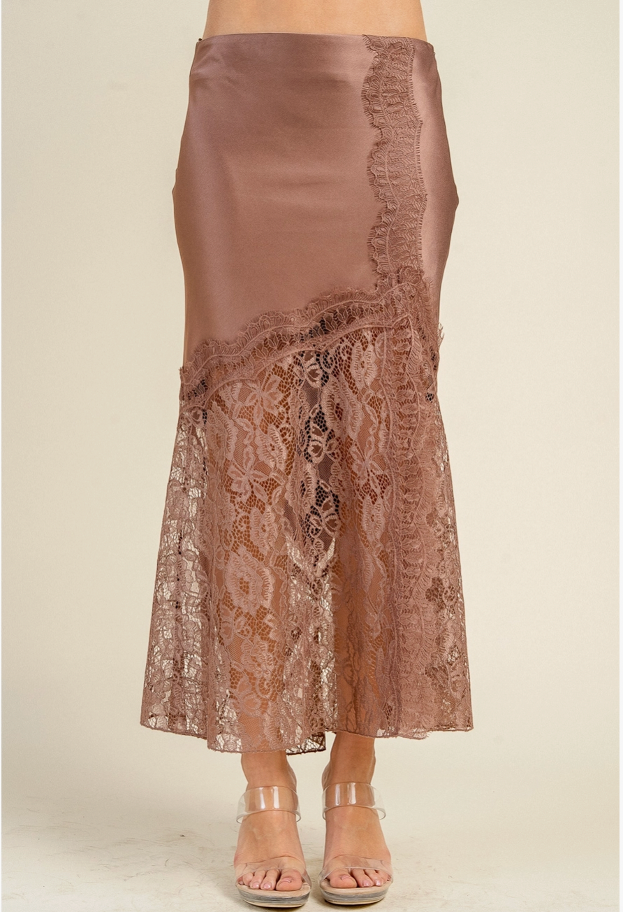 Satin Midi Skirt w/ Lace Trim