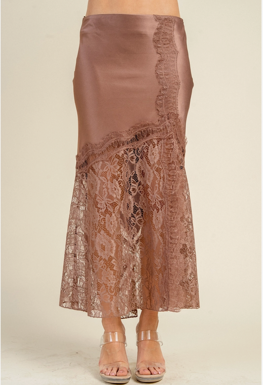 Satin Midi Skirt w/ Lace Trim