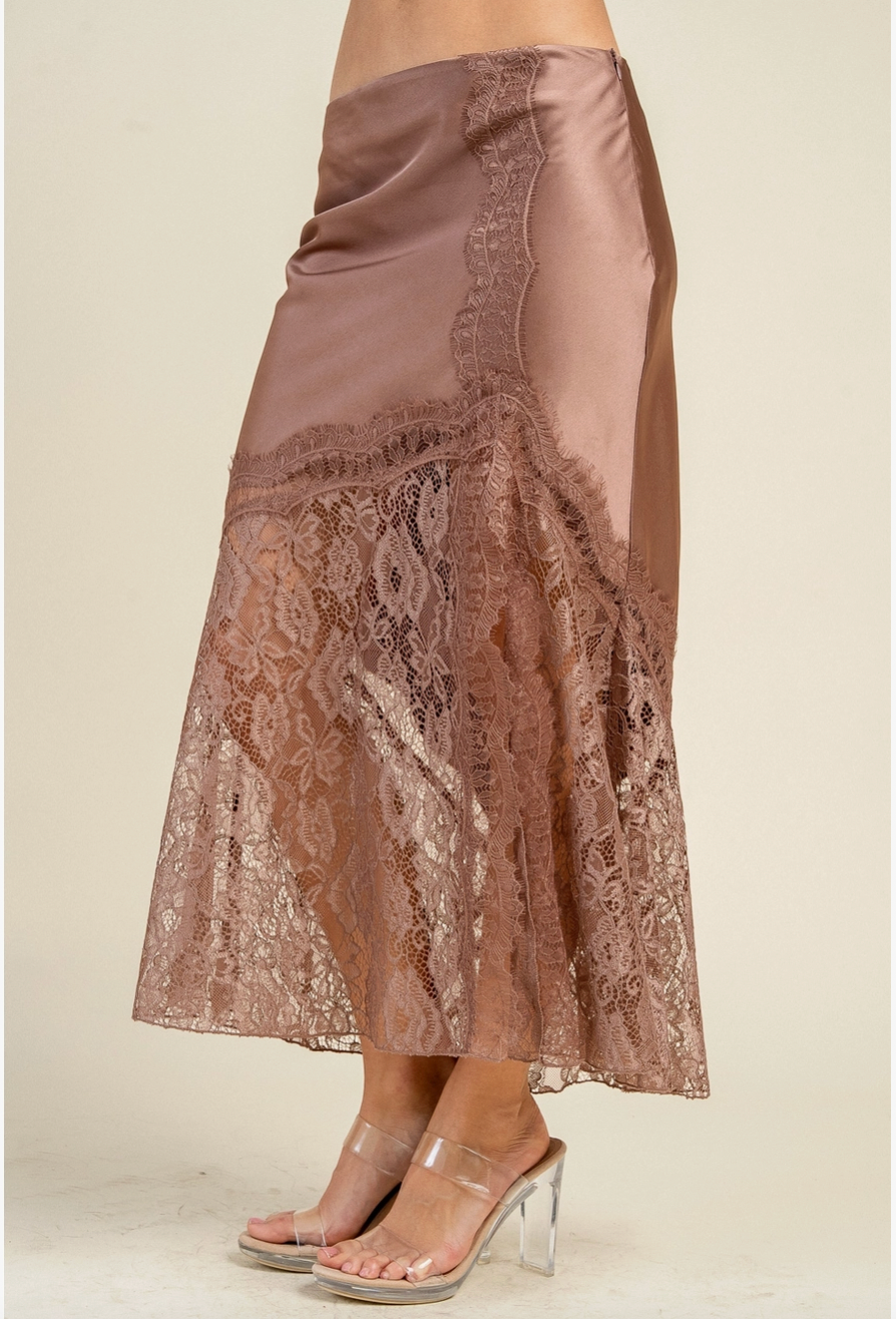Satin Midi Skirt w/ Lace Trim
