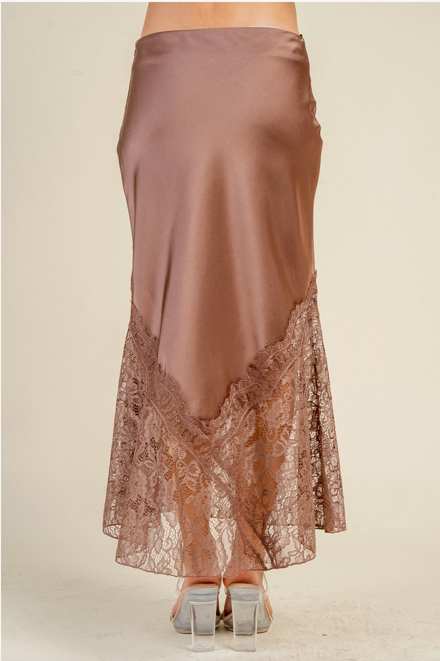 Satin Midi Skirt w/ Lace Trim