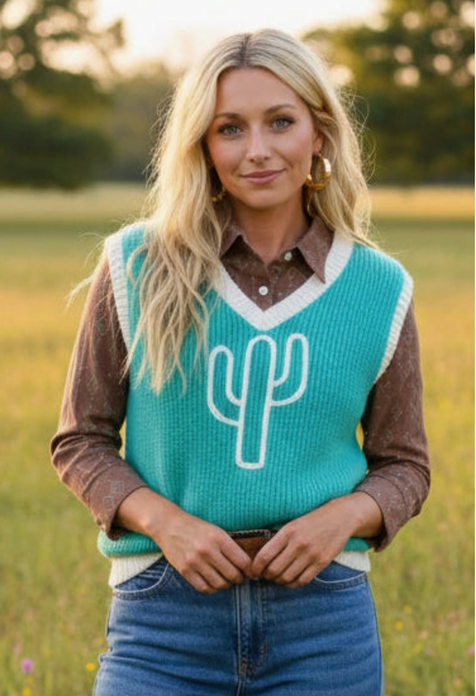 Teal Cactus Sweater Vest