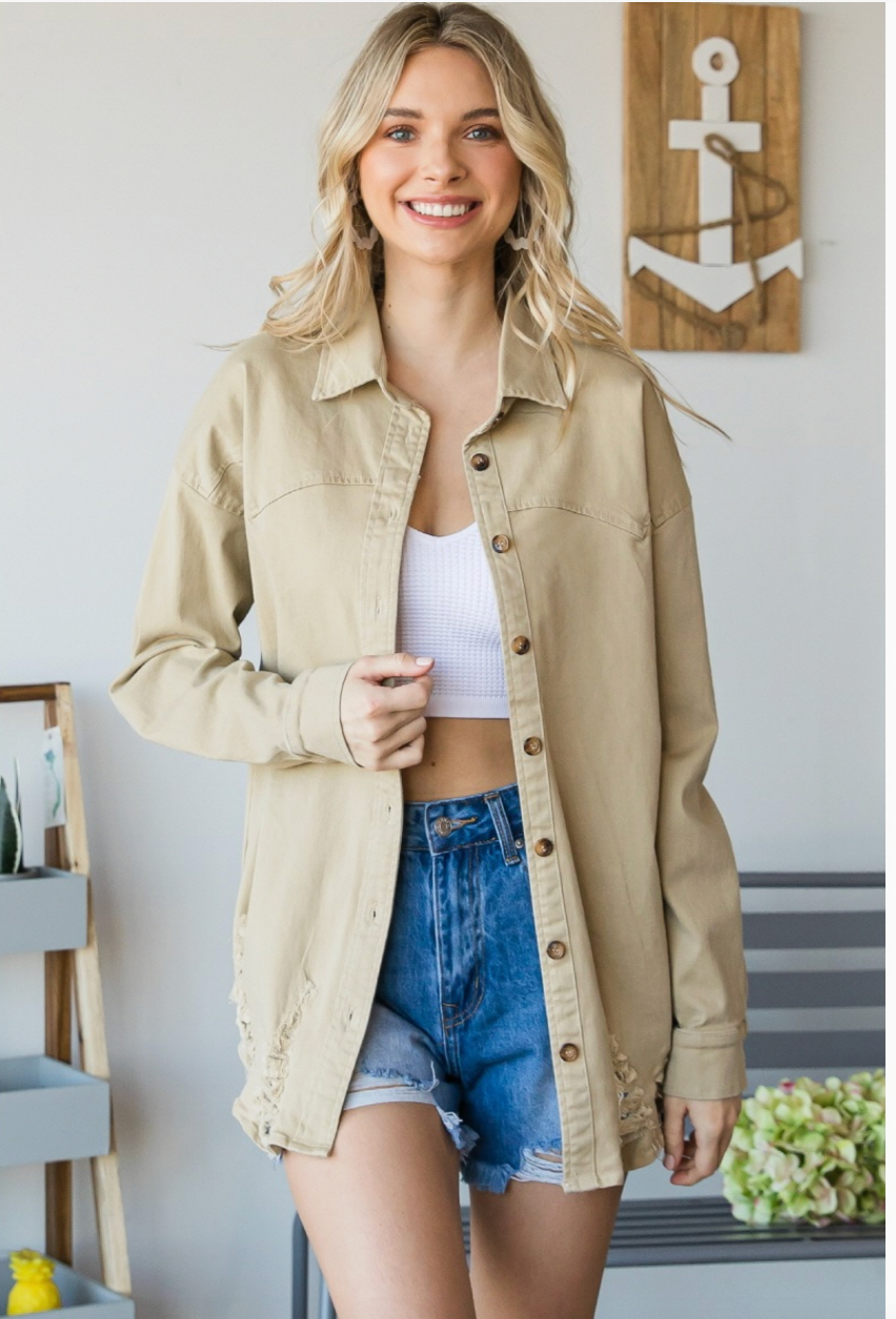 Distressed Taupe Button Up