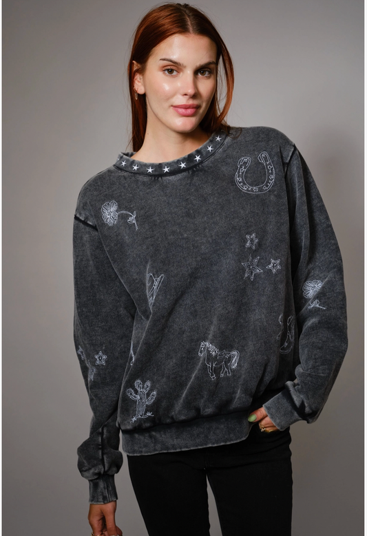 Mineral Wash Embroidered Crew