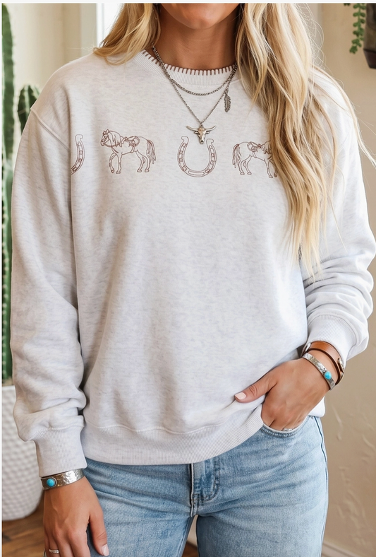 Embroidered Western Detail Crewneck