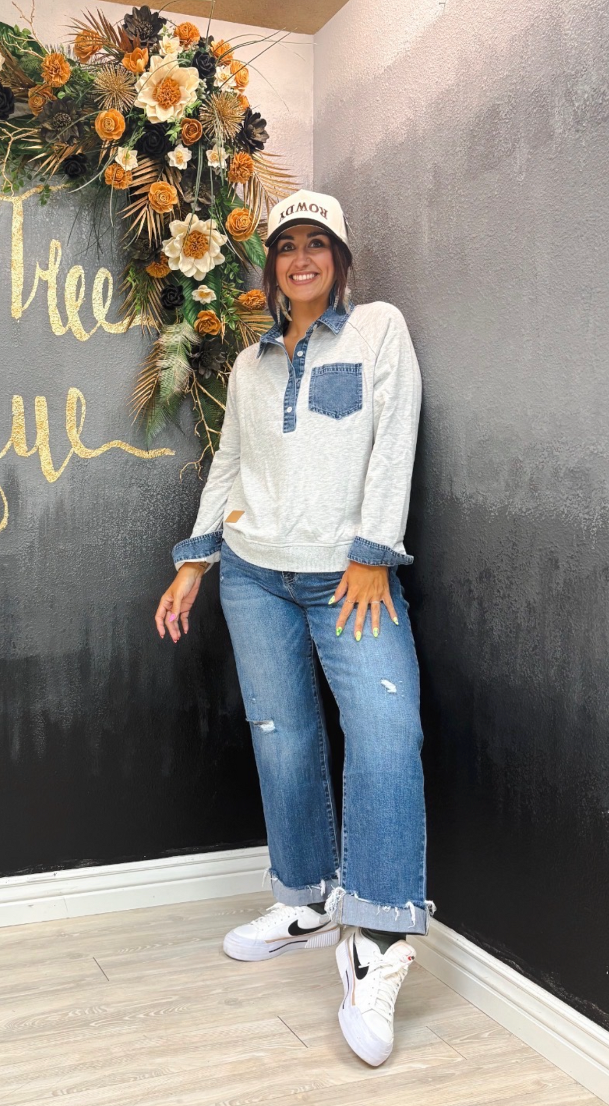 Denim Collar Long Sleeve Top