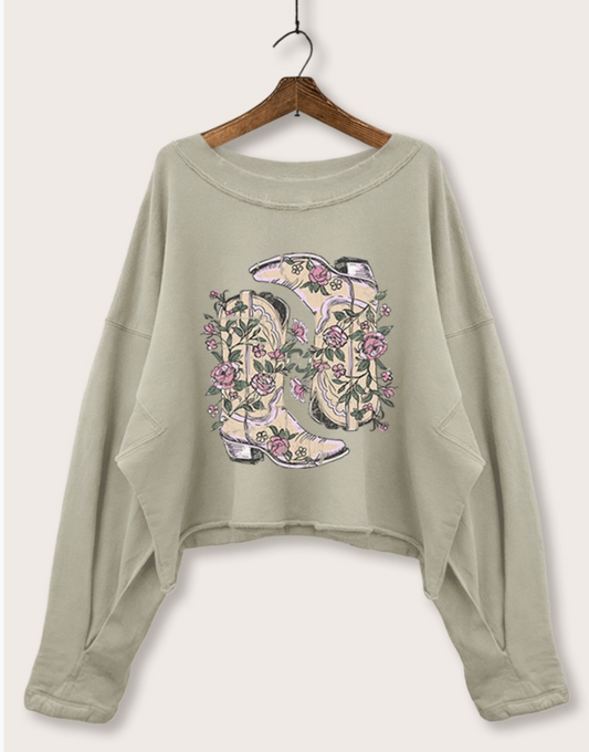 Floral Boots Cropped Crew