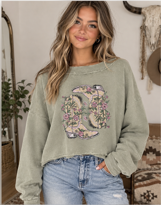 Floral Boots Cropped Crew